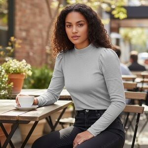 Madewell Women's Mock-Neck Puff-Sleeve Blouse Green Size S Casual